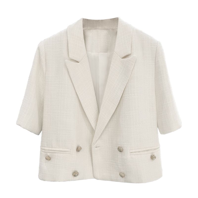 

Летний женский светло-бежевый короткий пиджак с дизайном и модным британским стилем S светло-бежевый