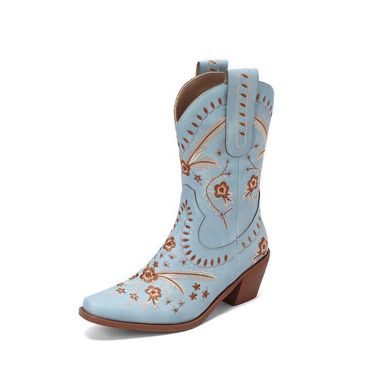 Women's Boots New Thick Heel Embroidery Embroidered Western Boots Cowboy Boots Autumn and Winter European and American Simple Retro Fashion Boots