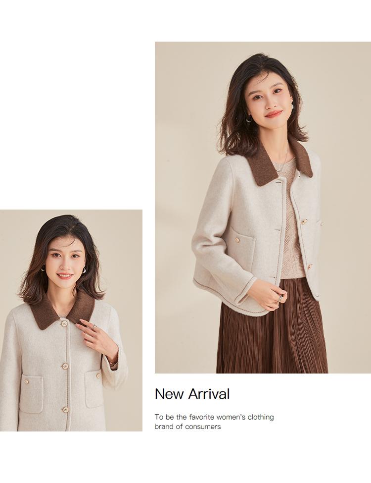 [Sheep Wool Coat] Short Color Blocked Double Sided Woolen Coat for Women Autumn/Winter, Flip Collar Cardigan with Side Pockets
