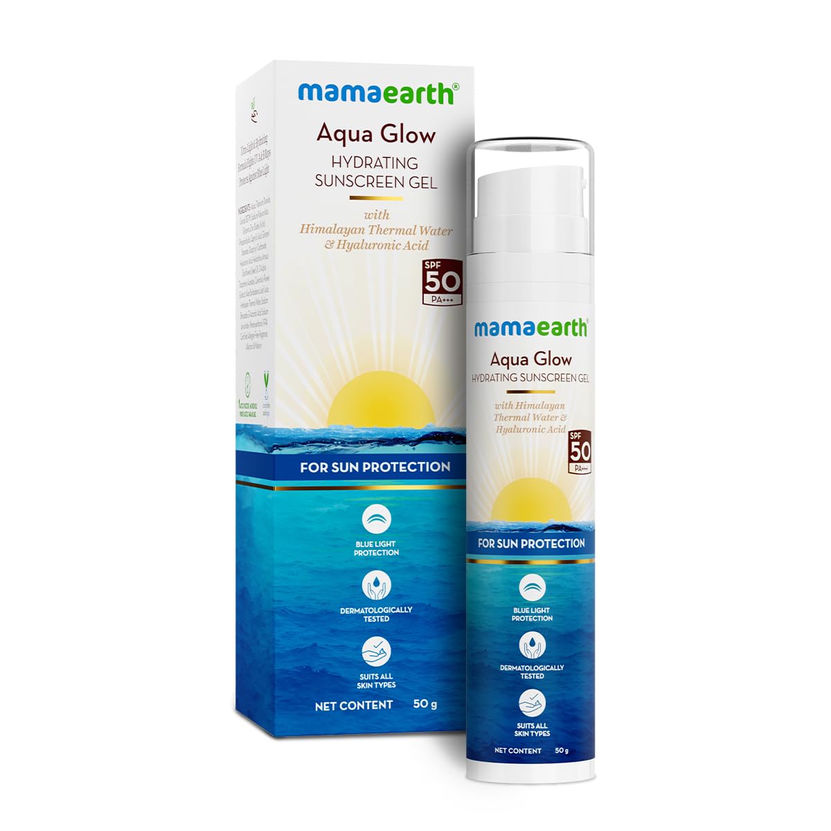 

Mamaearth Увлажняющий солнцезащитный гель Aqua Glow SPF 50 PA++++ для лица с защитой от синего света и УФ-лучей, 50 г, легкий, для всех типов кожи