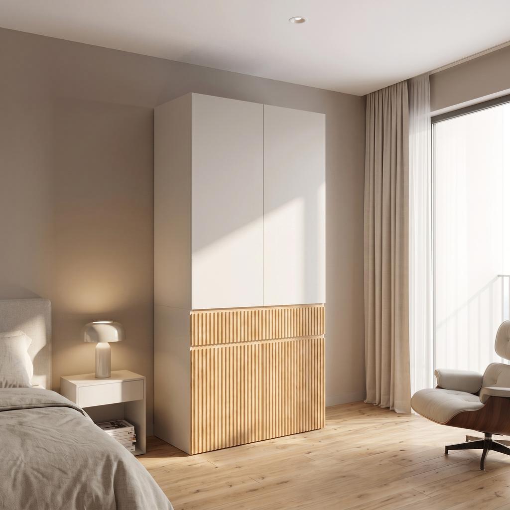 Hinged door wardrobe, 90 x 50 x 200 cm, with 1 clothes rail, 1 drawer and 4 doors, for bedroom, hallway, children's room or office, light oak