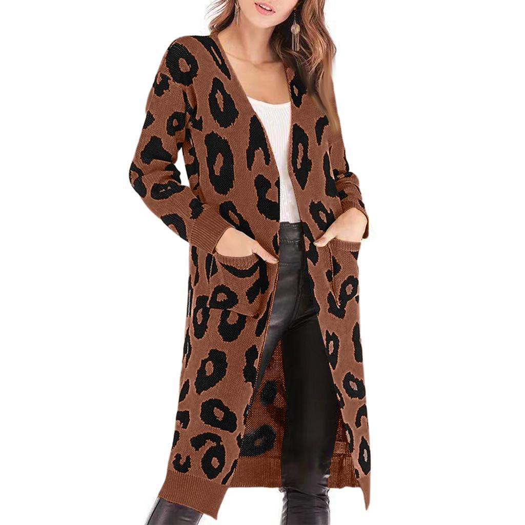 Women's Casual Loose Leopard Print Mid-length Knitted Sweater Jacket