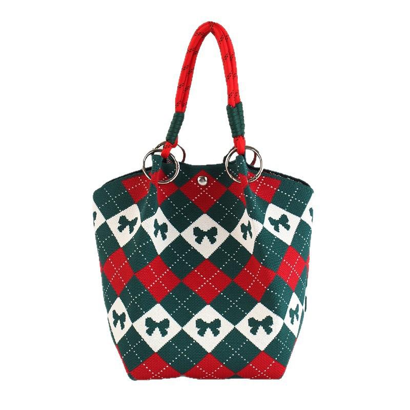 Embroidered Bow Vintage Handbag Large Capacity Bucket Tote Bag Portable Large Capacity Women's Travel Shoulder Bag CLE