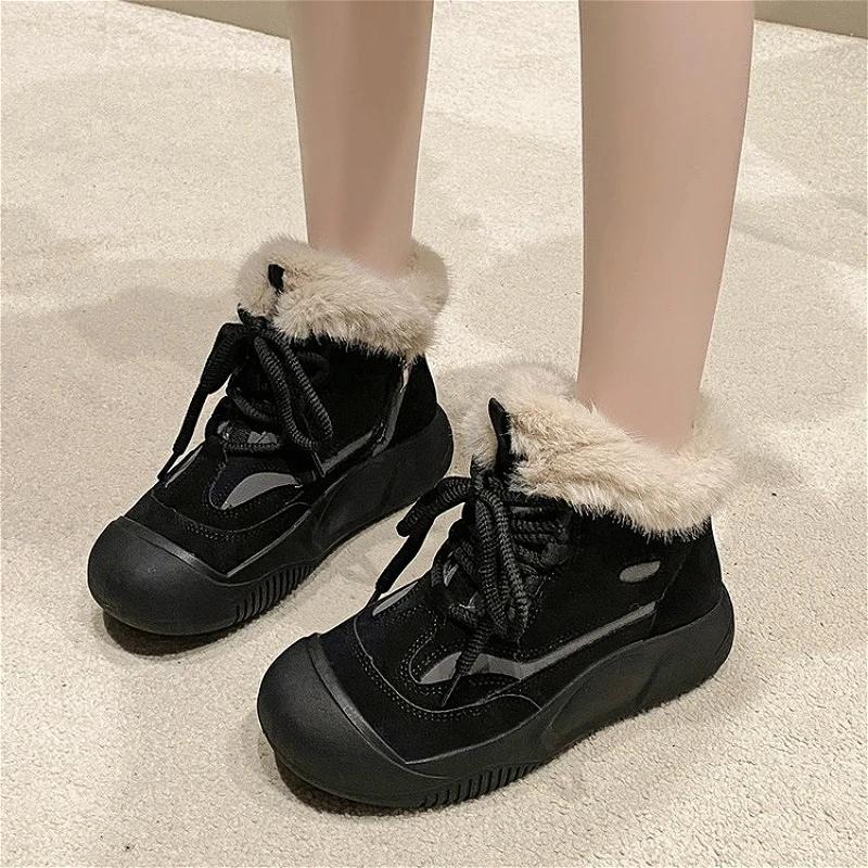 Platform Fur Ankle Snow Boots Women Cotton Shoes Flats Plush Warm Sneaker Winter Fad 2024 Trend Suede Casual Lace Up Botas Mujer