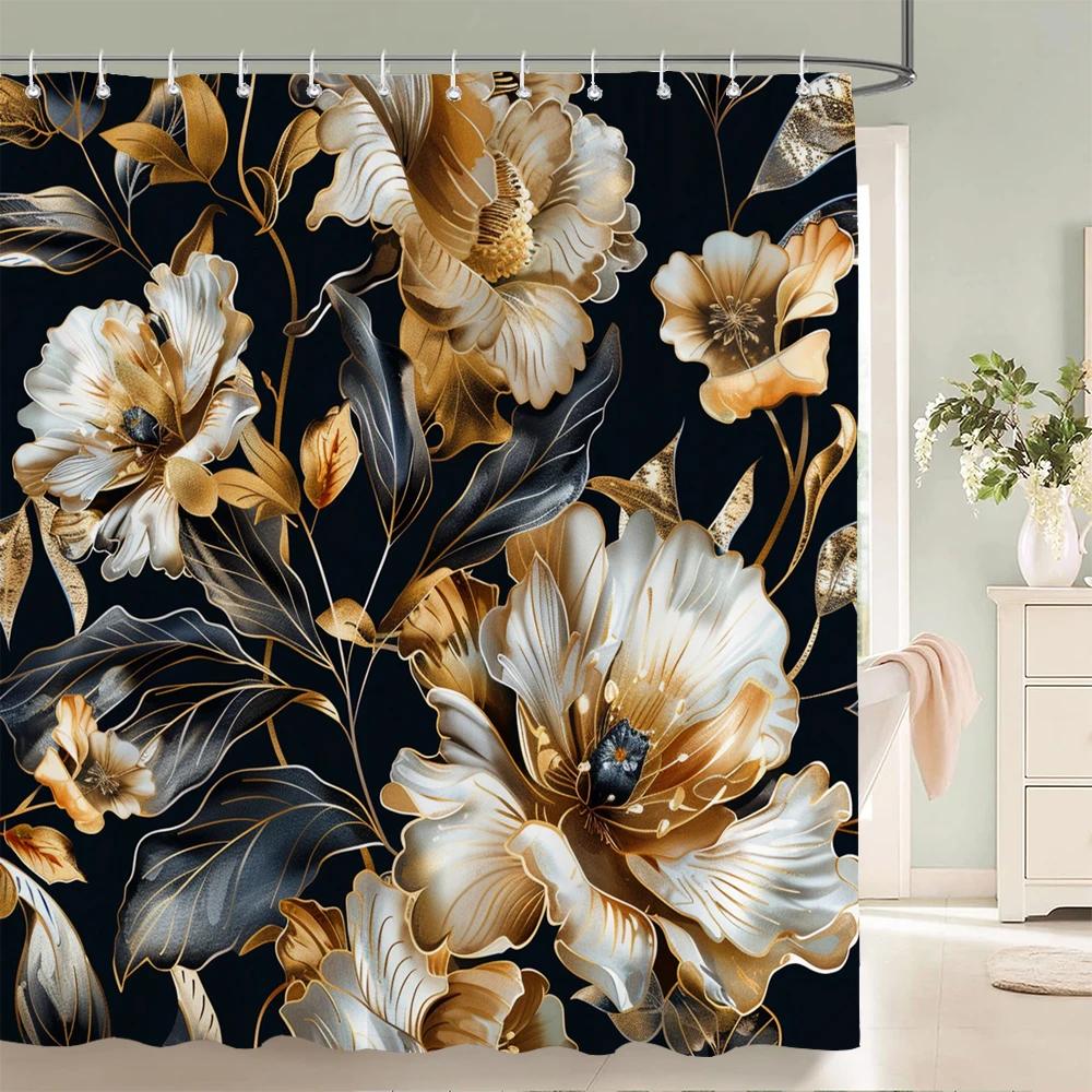 Home shower curtains for bathroom waterproof fabric Black and gold Flower bathroom Curtains with hooks decorative curtain