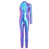 Girls Stage Performance Jumpsuit: Asymmetrical Metallic Mock Neck Mesh Patchwork Back Invisible Zipper Bodysuit Dancewear