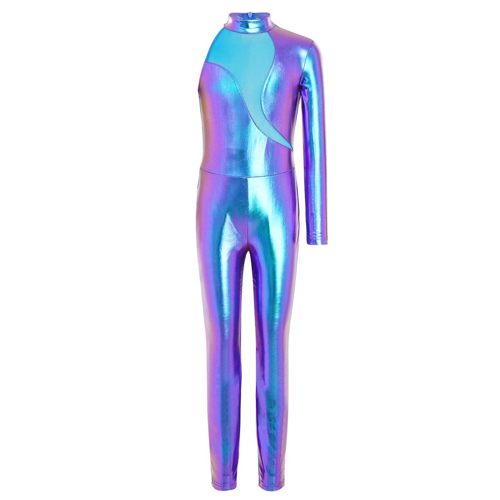 Girls Stage Performance Jumpsuit: Asymmetrical Metallic Mock Neck Mesh Patchwork Back Invisible Zipper Bodysuit Dancewear