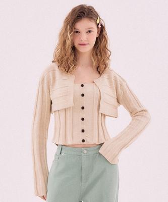 Deliccent Ribbed Sleeveless Bolero Set [Beige]