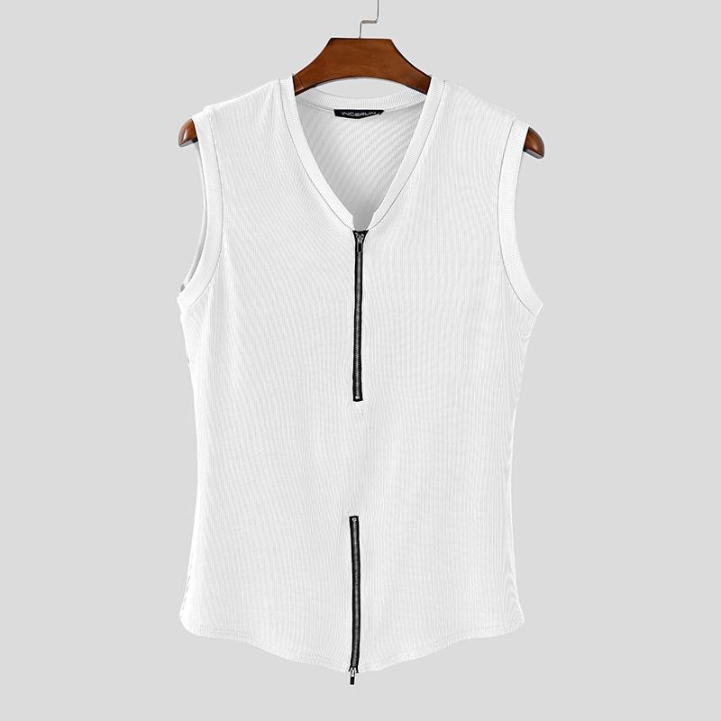 

INCERUN Мужские майки без рукавов с V-образным вырезом, однотонные, на молнии, повседневные, в рубчик 2XL