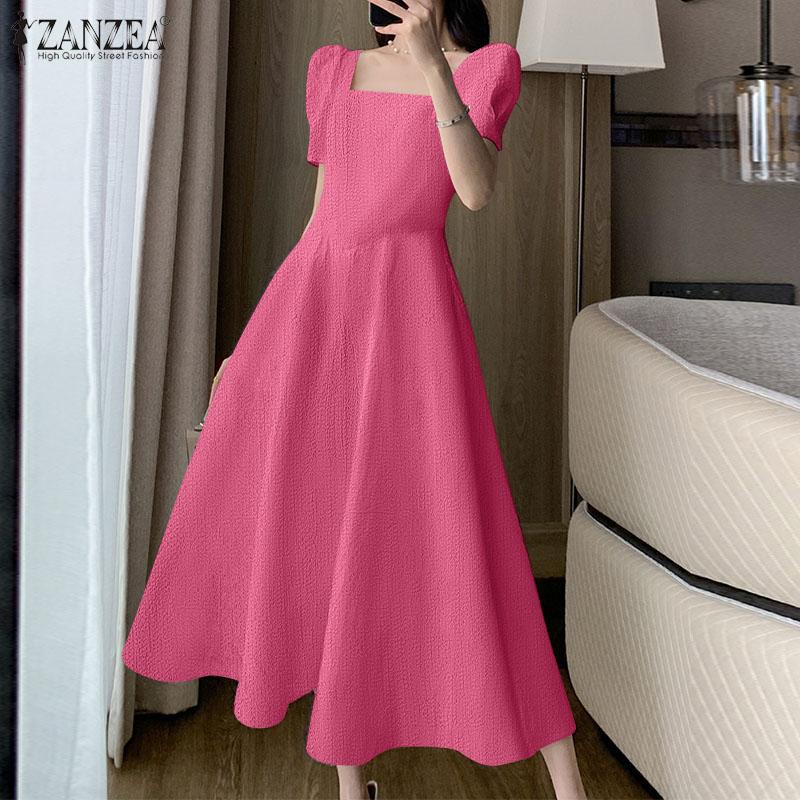 

ZANZEA женское элегантное однотонное платье трапециевидной формы с квадратным вырезом и короткими рукавами