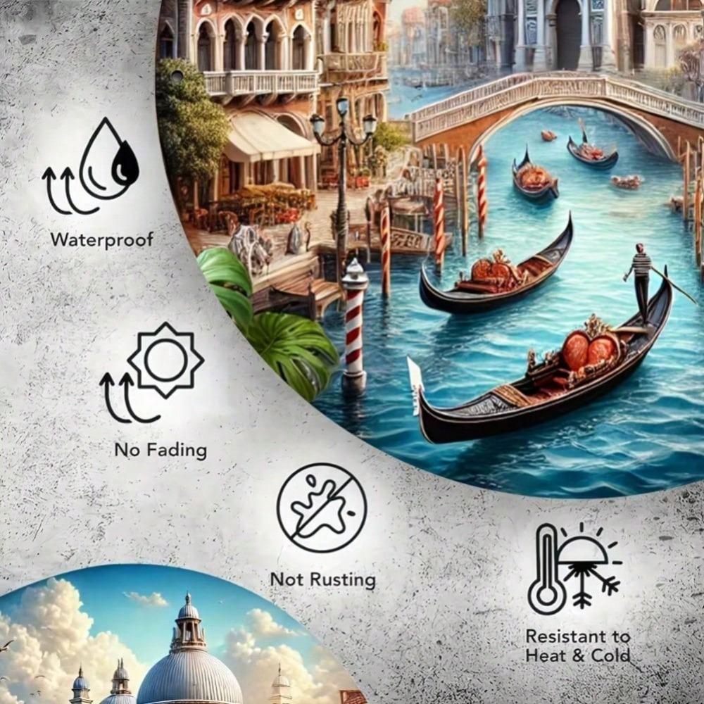 Vintage Venice Canal Round Metal Wall Art Iron Sign Gothic Buildings Water Reflection Home Decor