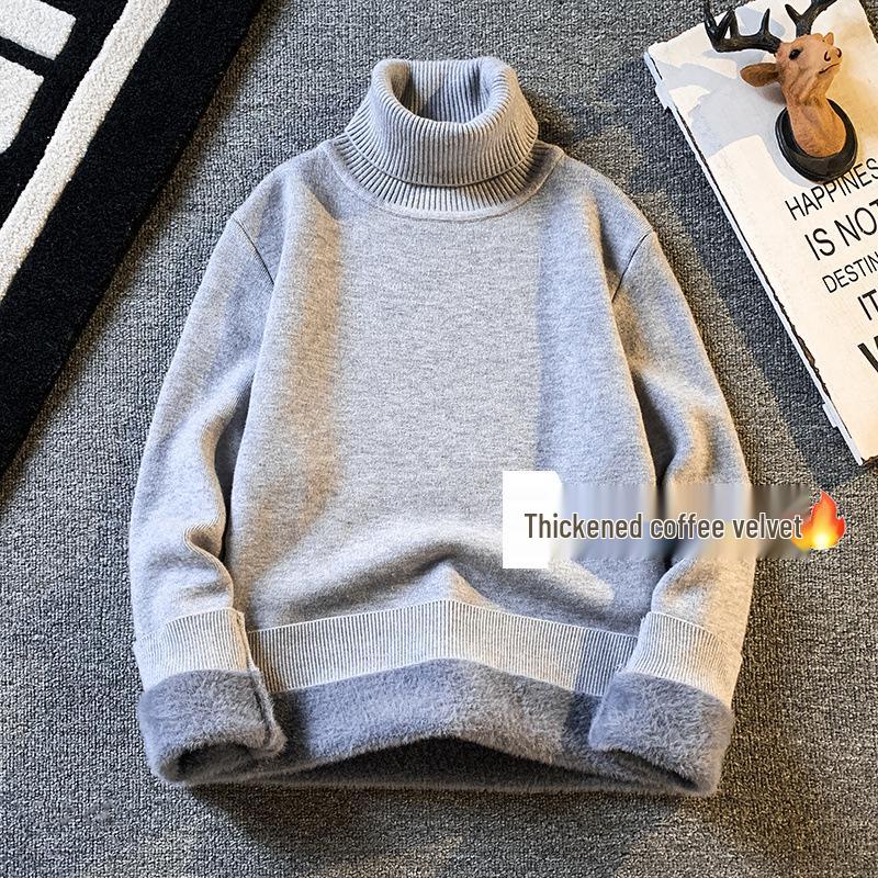 Men's Trendy High Neck Plus Velvet Sweater: Autumn/Winter Solid Color Knit Pullover