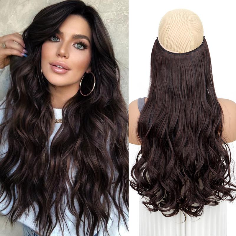 Invisible Wire Hair Extensions 22 Inch Halo Hair Extension Long Wavy Synthetic Hairpiece with Transparent Wire Adjustable Size Clips for Women