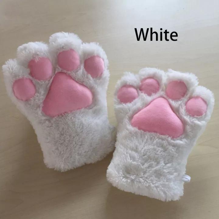 Kawaii Cat Claw Paw Plush Gloves Women Winter Warm Short Fingerless Gloves Fluffy Bear Cat Mittens Costume Half Finger Mittens