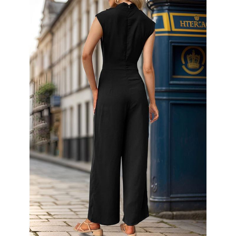 VEZFAA Women's Fashiaon Casual Summer Spring Solid Color Print Sleeveless Half Turtleneck High Waist Trousers Jumpsuits & Rompers