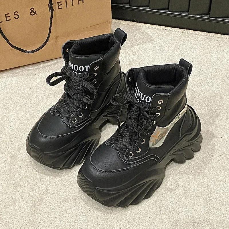 Mode Damen Winter Flats Plateau Sport Stiefeletten PU Leder Schnürung Mode Casual Laufschuhe Damen Neuer 2025 Trend Komfort Stiefel