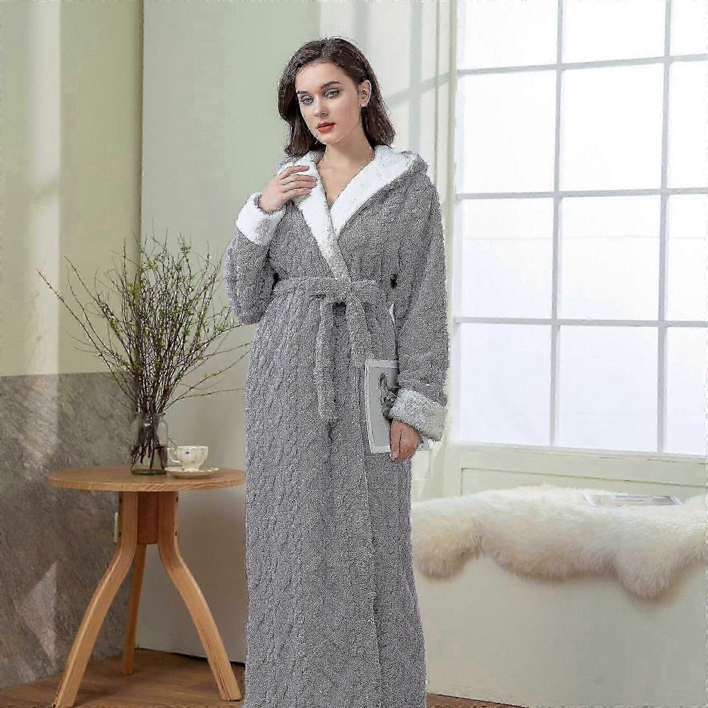 Loose Long Thick Bath Robe Hooded Winter Thick Women Bathrobe Flannel Terry Warm Comfortable Sleepwear for Female Dressing Gown 25-26
