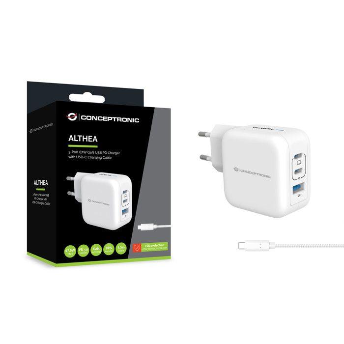 Chargeur - CONCEPTRONIC - Althea17w - 3 ports - 67W - Charge rapide - Protection électrique