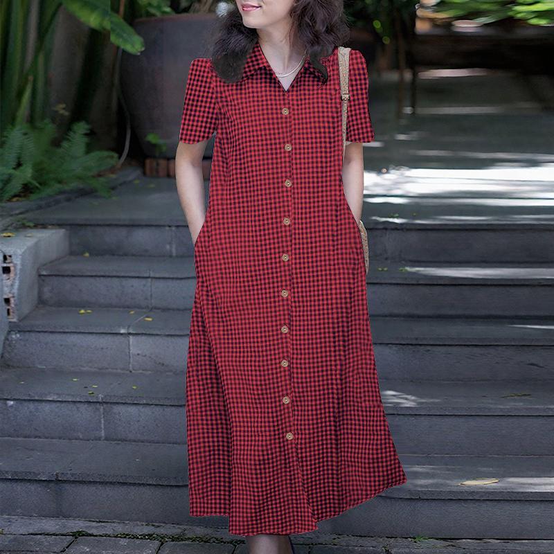 

ZANZEA Женское повседневное платье с отложным воротником, короткими рукавами и принтом в клетку M темно-красного