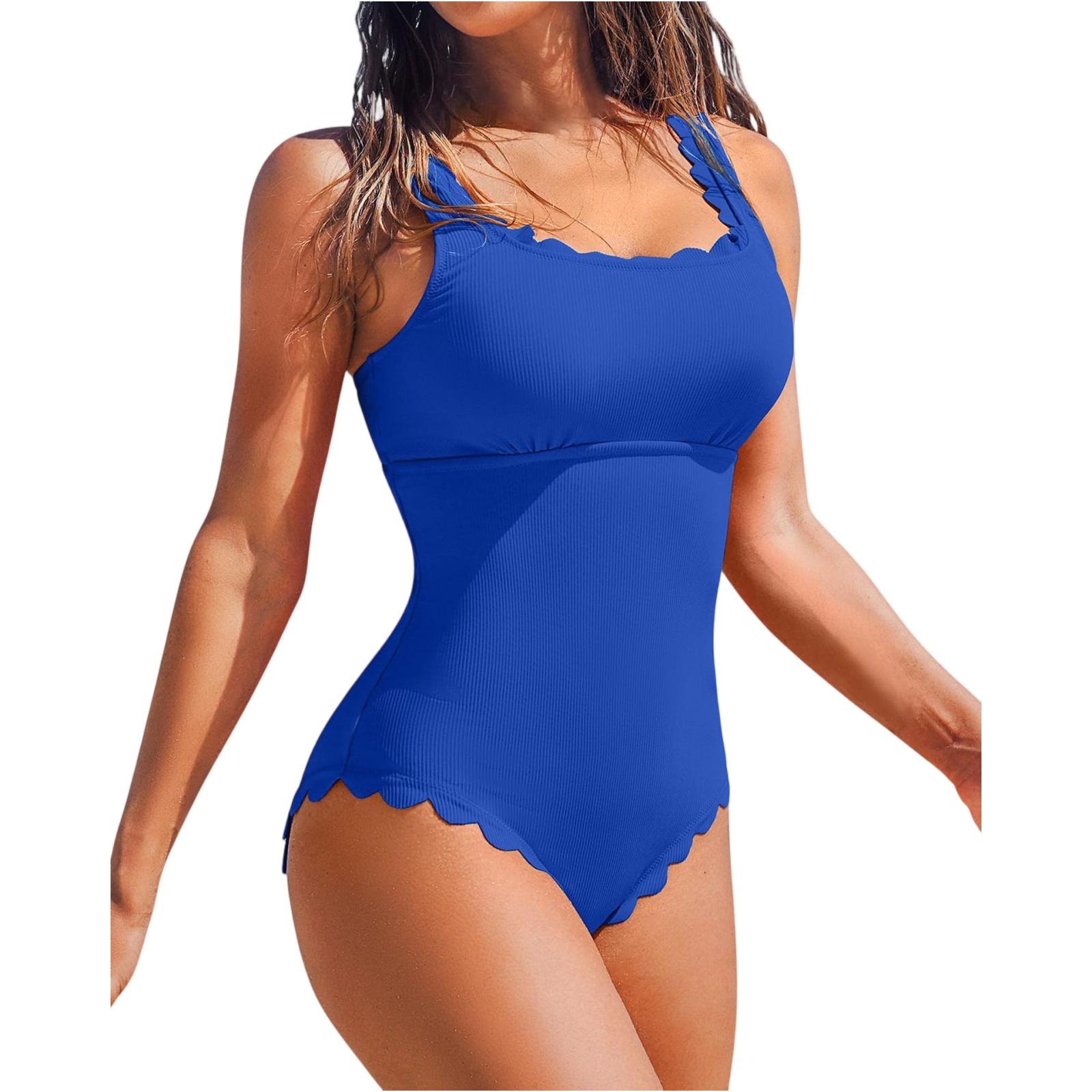 Women’s Swimsuit Ribbed Bathing Suit with Scalloped Wide Strap Square Neckline Design XXL