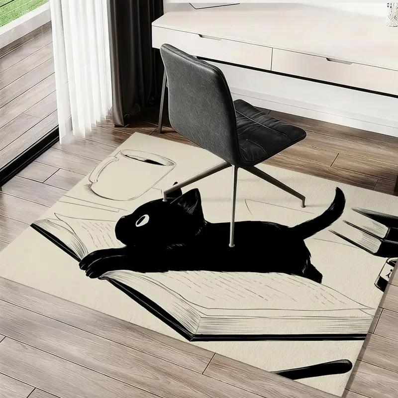 Cute Hand Drawn Black Cat Book Print Doormat Non-Slip Absorbent Washable Floor Mat for Bathroom Entryway Cat Lovers