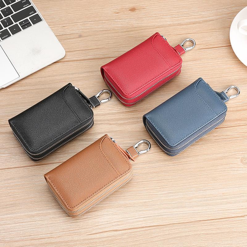 Leather Key Wallet With Double Zipper And Anti Fingerprint Protection For Daily Use