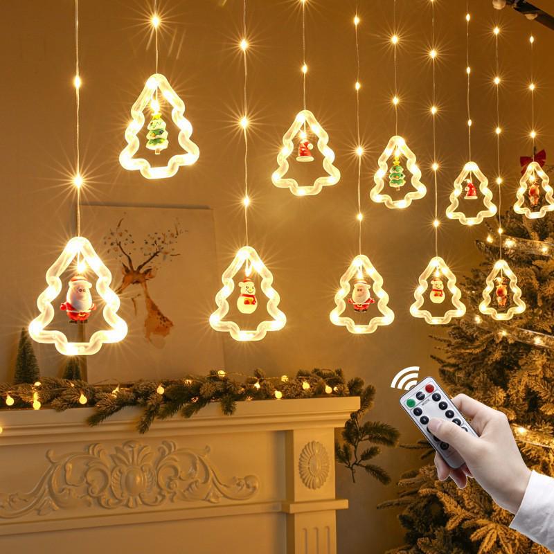 USB Remote-Controlled Copper Wire Curtain Lights with Christmas Stars & Snowflakes, Leather Line, for Holiday Decor