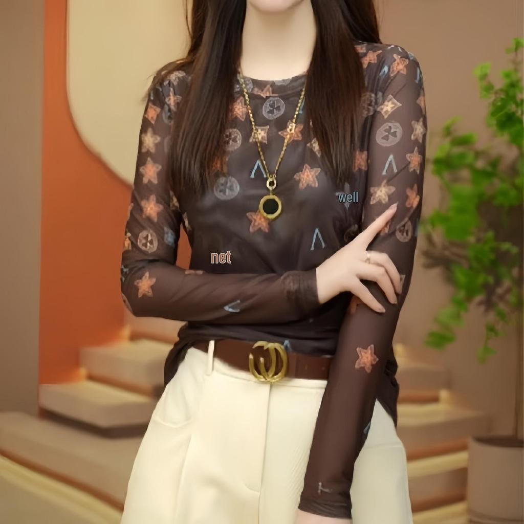 Women's 2025 Retro Print Mesh Long Sleeve T-Shirt – Stylish, Versatile Inner Layer Fashion Top