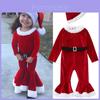 Festive Christmas Kids Girls Plush Flared Pants Suit With Santa Hat Tree Hat