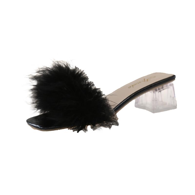 Chinelos da moda femininos verão novo dedo do pé aberto pelúcia pele de raposa grosso com chinelos sexy casa banquete dedo do pé quadrado bombas simples