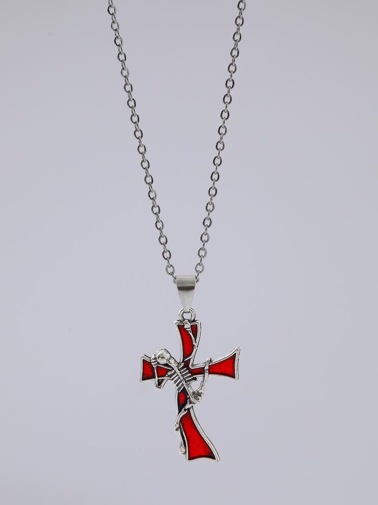 Hip-hop Punk Red Skull Cross Thorny Heart-shaped Pendant Sliver Color Chain Necklace for Women Halloween Party Goth Jewelry Gift