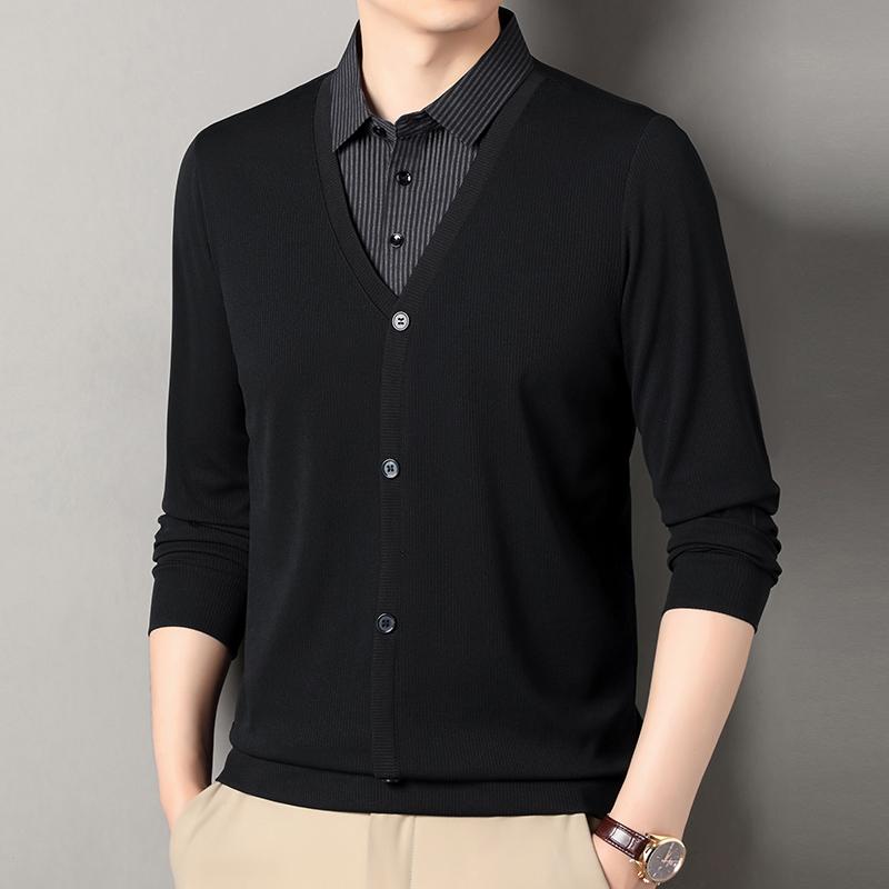 Men's Fake Two Piece Polo Shirt Casual Fashion Long Sleeve Collar T-shirt Versatile Top