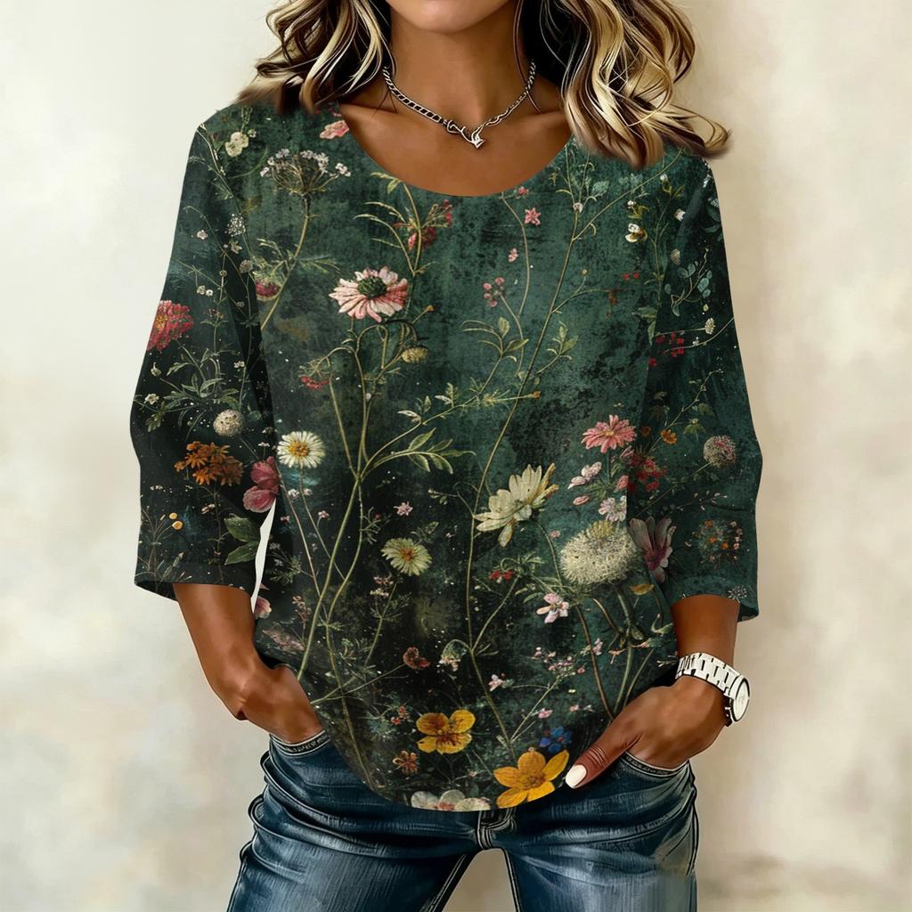 Damen Freizeitbluse mit Blumenprint, Rundhalsausschnitt, Dreiviertelärmel, Leinen-Baumwollmischung, Leicht, Bequem, Lockerer Schnitt, Oberteil für den Alltag