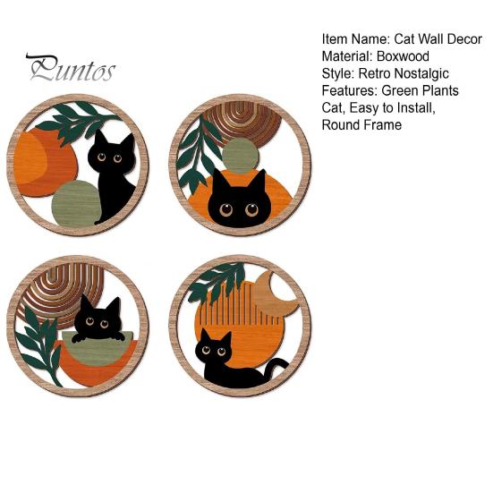 Cat Theme Wall Sign 4Pcs Black Decor Set, Boho Cartoon Hanging Art, Art Set Farmhouse Rustic Wooden Plants for Bedroom Living Room Office