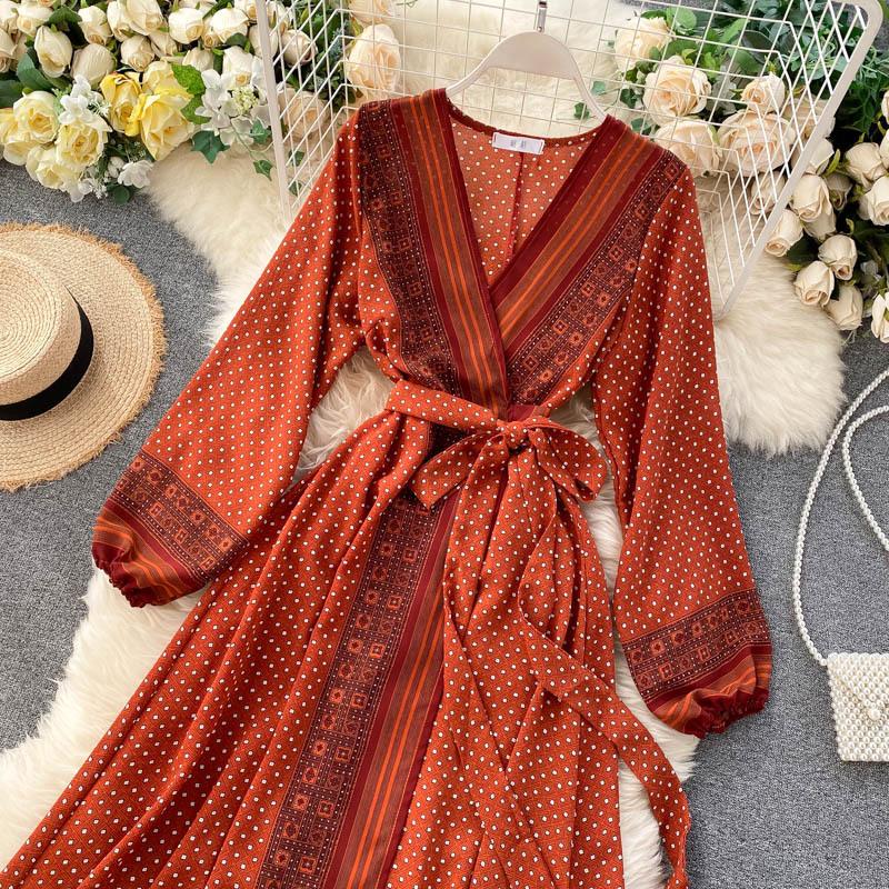 Damen Chiffon Maxikleid Bedruckt Schnürbund Langärmlig Schärpen Taille Vintage Swing Langes A-Linien-Ferienkleid