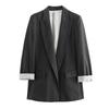 Faux Linen Roll-Up Sleeve Color Block Suit Jacket Autumn Women Fashionable Office Loose Blazer Coat Female Chic Outerwear