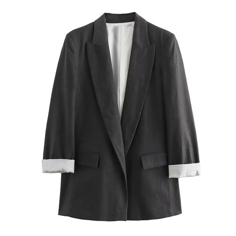 Faux Linen Roll-Up Sleeve Color Block Suit Jacket Autumn Women Fashionable Office Loose Blazer Coat Female Chic Outerwear