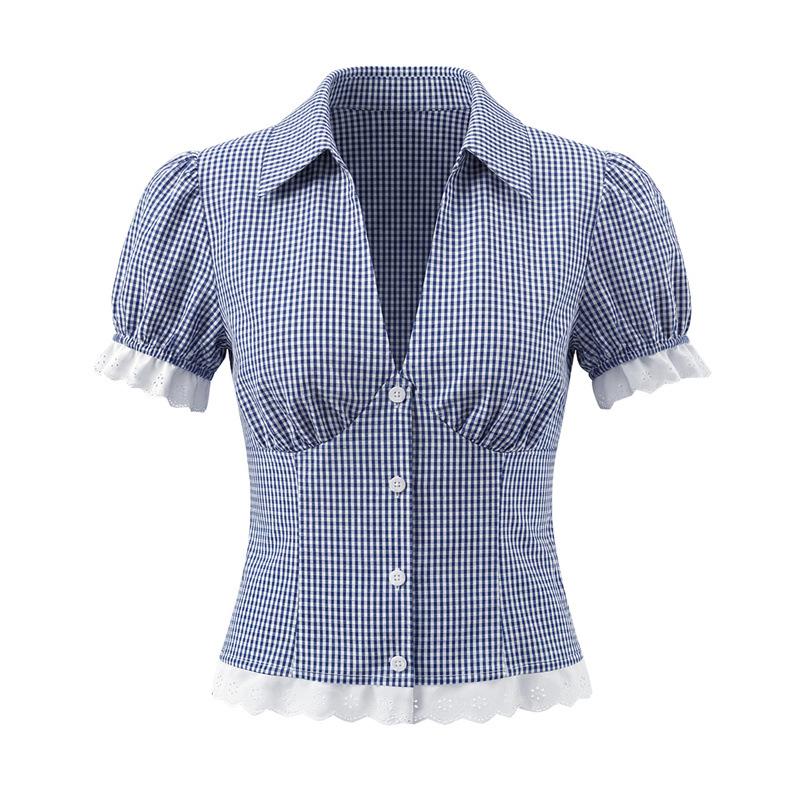 

Deep V-Neck Blue Plaid Shirt & High-Waisted Pleated Skirt Two-Piece Women s Set Medium