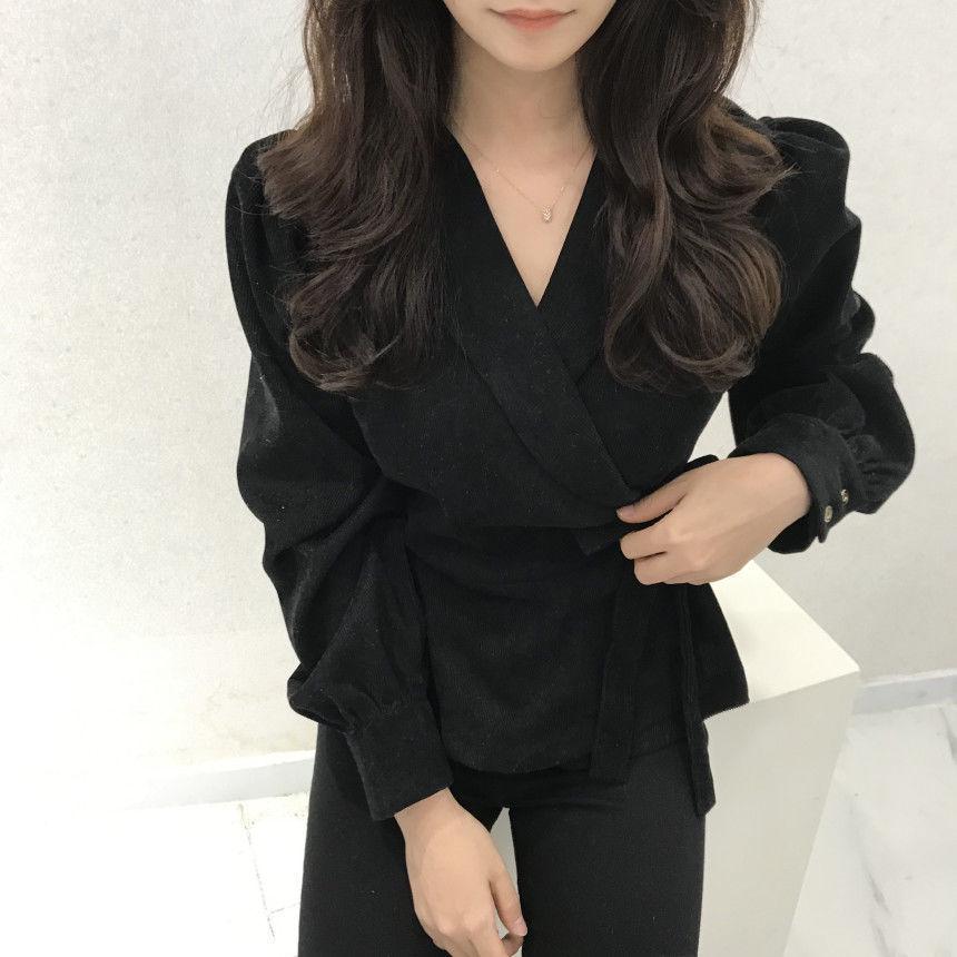 Deep Khaki Suit Collar Waist-Cinching Shirt Tie-up Top for Women - Autumn/Winter 2023 European Style.