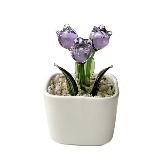 Mini Potted Glass Flower Decoration Miniature Tulip Flower Planter Pot Figurine Statue Home Office Bookshelf Desktop Ornament