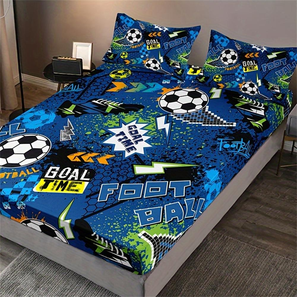 3pcs Fashion Cartoon Football Print Fitted Sheet Set Soft Comfortable Breathable Bedding Mattress Protector Set For Bedroom
