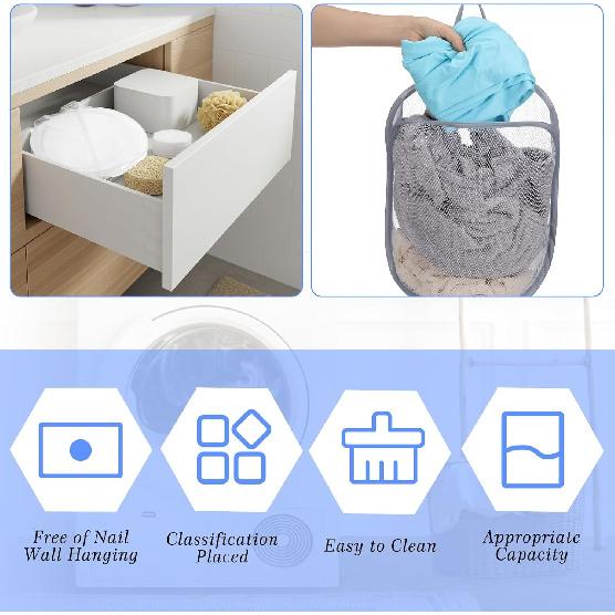 Ouligay 2Pcs Hanging Laundry Hamper Bag, Mesh Hanging Laundry Basket, Foldable Space-Saving Laundry Organizer, Grey & White, Polyester, Portable,