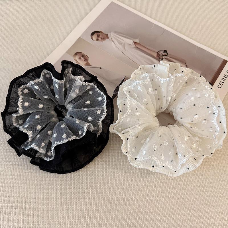 Fabric Spotted Lace Flower Double Large Intestine Hair Band Fashion Temperament Atmosphere Elegant High Sense Simple Hair Accessories