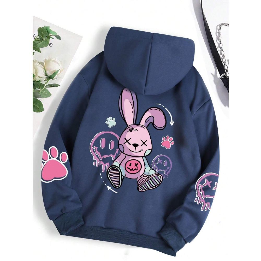 Casual women's hoodie cartoon pink rabbit cute printed pullover autumn clothing