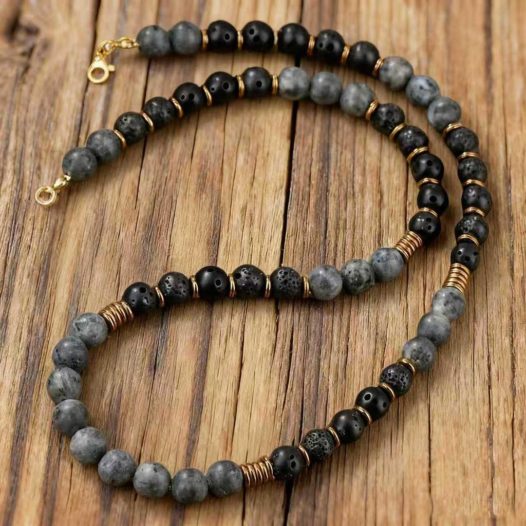 Vintage European-American Volcanic Stone Bead Necklace & Bracelet Set for Men