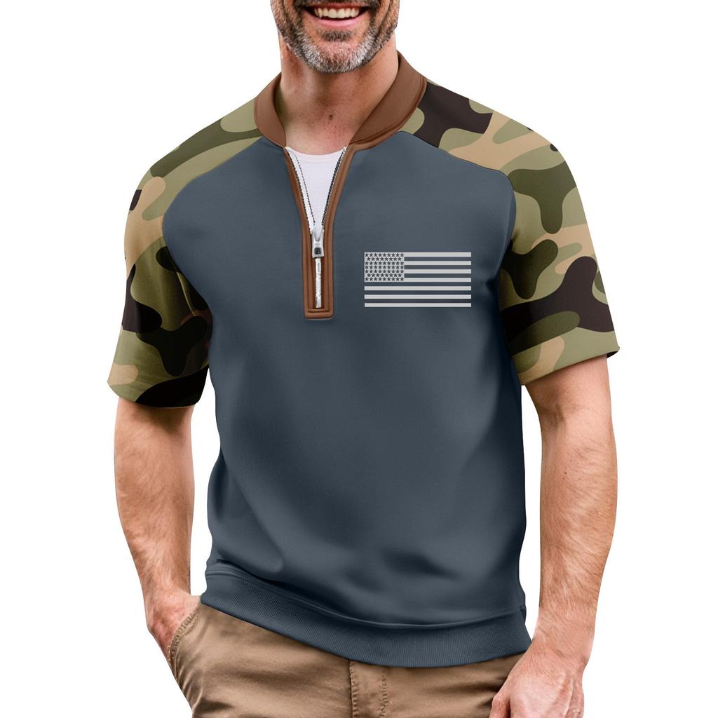 Men's Summer Camouflage Raglan Sleeve Casual T-Shirt Sports Flag Printed Zipper Neck Top