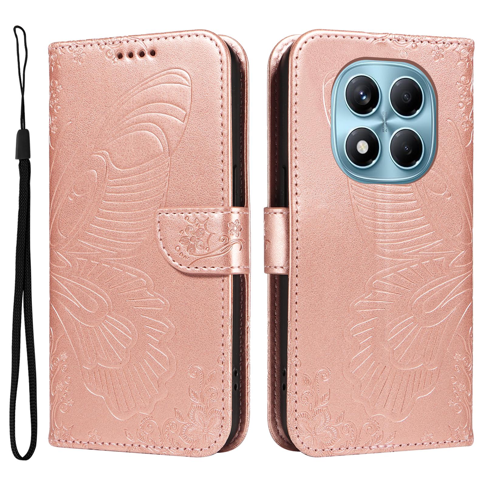 

For Xiaomi Redmi Note 14 Pro 4G Case Butterfly Pattern PU Leather Folio Flip Phone Cover Rose Gold