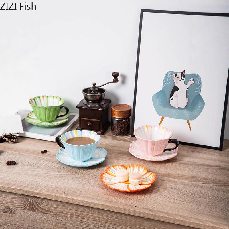 Flower Edge Ceramic Cup&saucer Painted Flower Shape Cups Dining Table Coffee Mug Afternoon Tea Teacup Fruit Juice Container