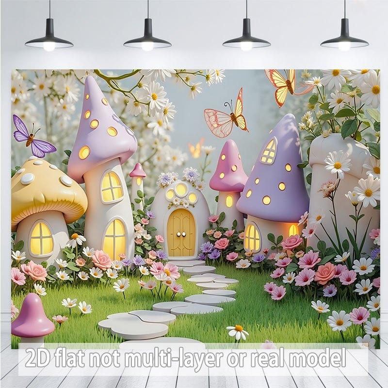 A single-color 2D flat banner, with a vivid depiction of mushroom-shaped houses nestled among flowers and butterflies. 100x150cm