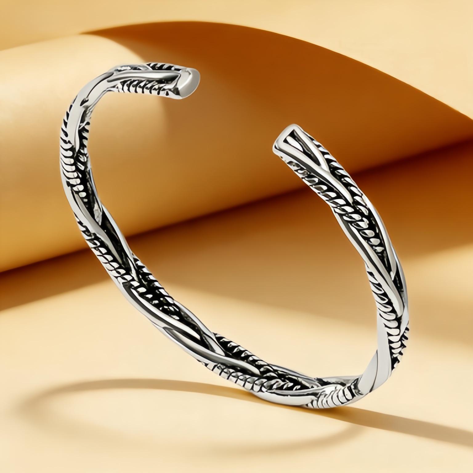 Unisex Retro Silver Twist Open Bracelet